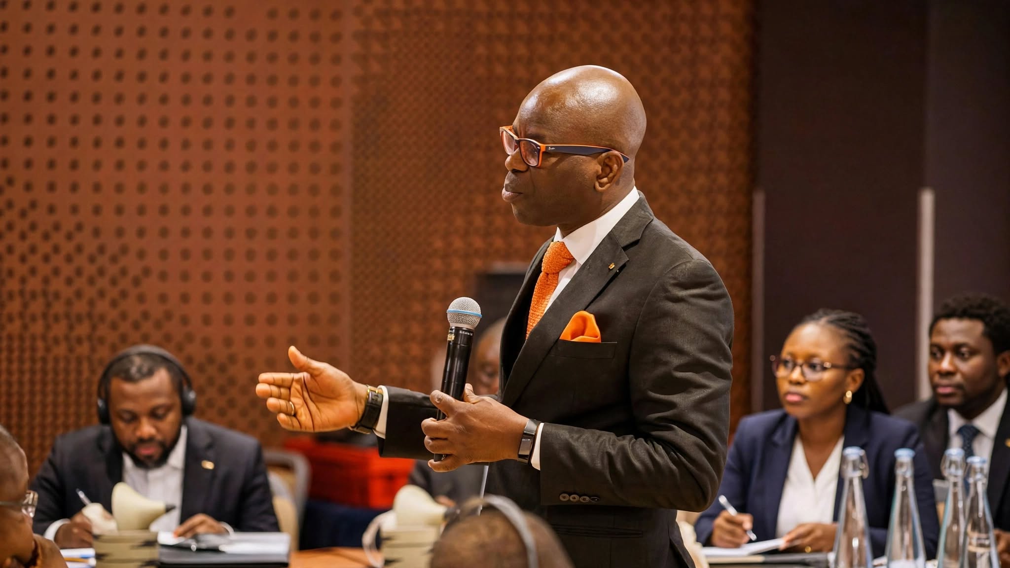 An OrangeBridge facilitator addressing a room of professionals